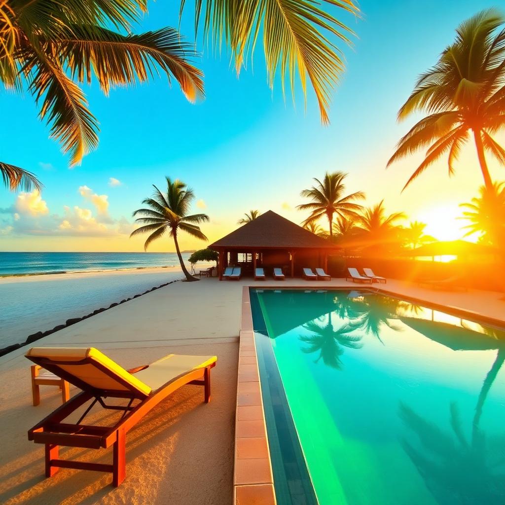 Piscina ao pôr do sol com vista para a praia
