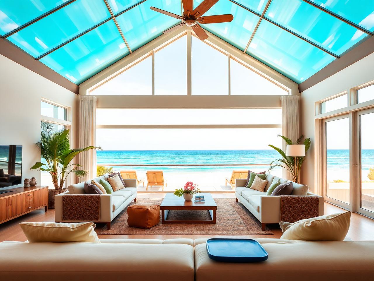 Interior amplo da casa com vista para o mar